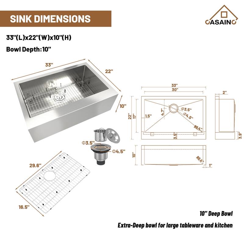 33 in. Farmhouse/Apron-Front Single Bowl 18 Gauge Brushed Stainless Steel Kitchen Sink with Bottom Grid and Strainer