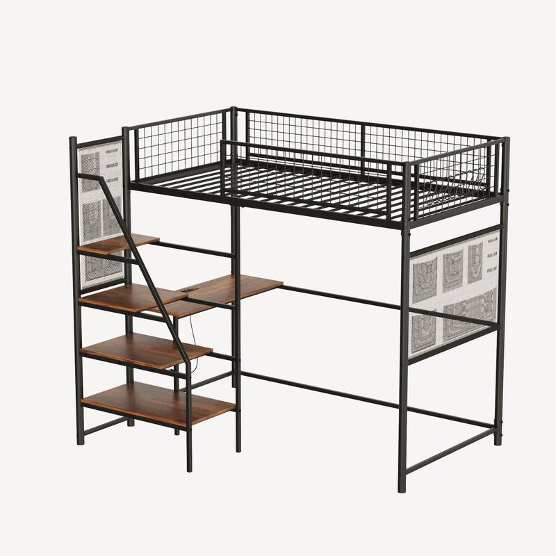 Loft Metal Bed with Built In Desk, Charging Station and LED Lighting