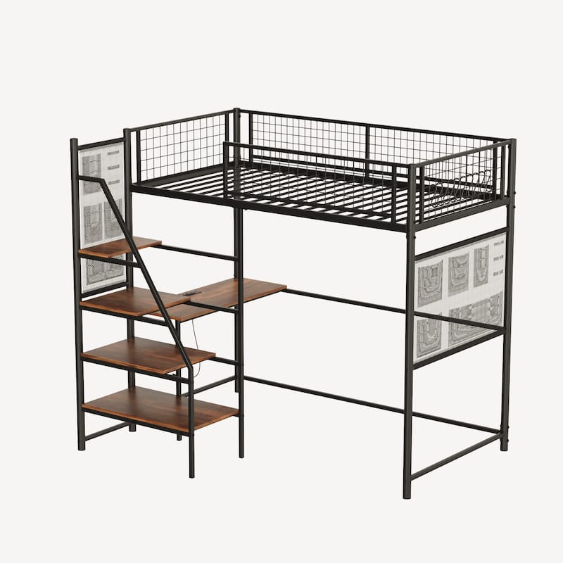 Twin Size Loft Bed with Built-in Charging Station & LED Lighting, Heavy-Duty Metal Loft Bed Frame with Desk & Safety Guardrails