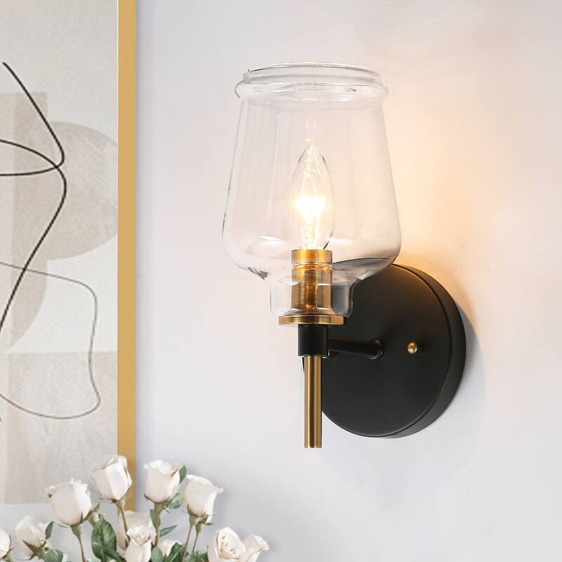 Mid-Century Modern 1-Light Wine Glass Wall Sconce Black Gold Bathroom Vanity Light - 4.5"L x 6.5"W x 10"H
