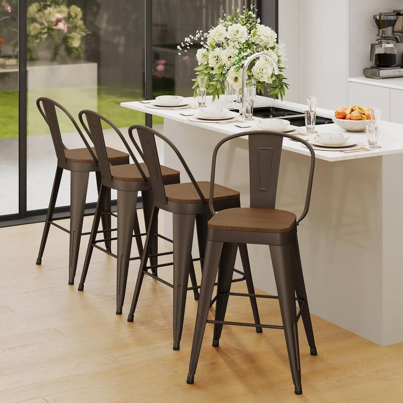 Counter Stools with Metal Frame Counter Height Bar stools with High Back 24" Kitchen Bar Furniture Stools with Wooden Seat - Rusty - Set of 4
