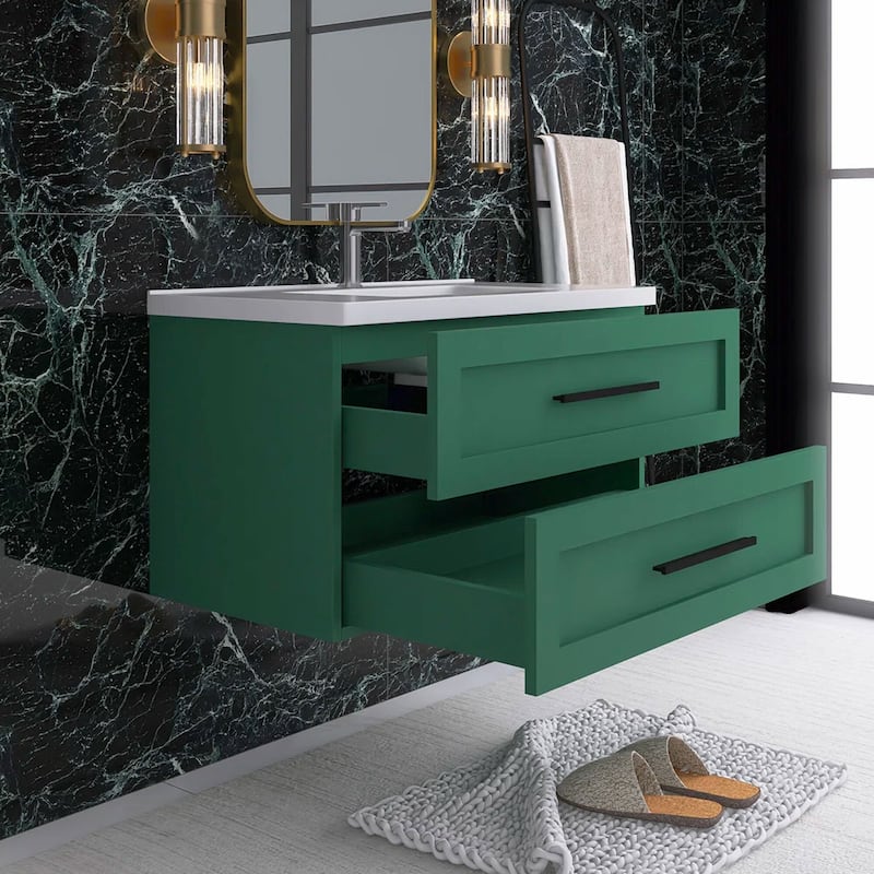 Wall-Mounted Bathroom Vanity in Green with White Ceramic Sink