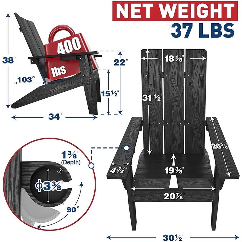 WINSOON 3-Piece All Weather HIPS Outdoor Cup Holder Adirondack Chairs and Table Set