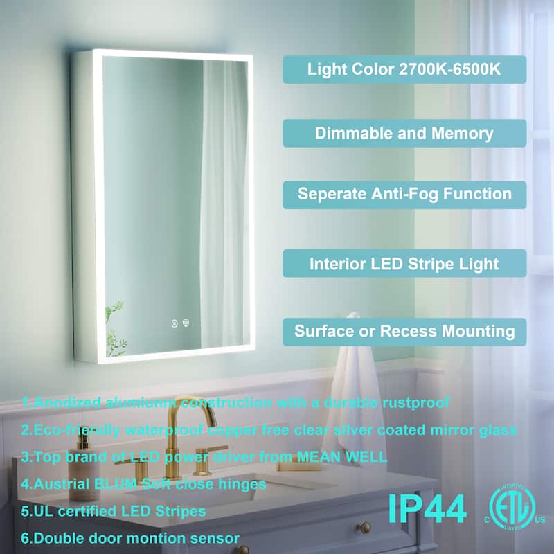 30'' H Recessed or Surface Frameless LED Mirror Cabinet With Defogger, Dimmer, Outlets & USB Ports 