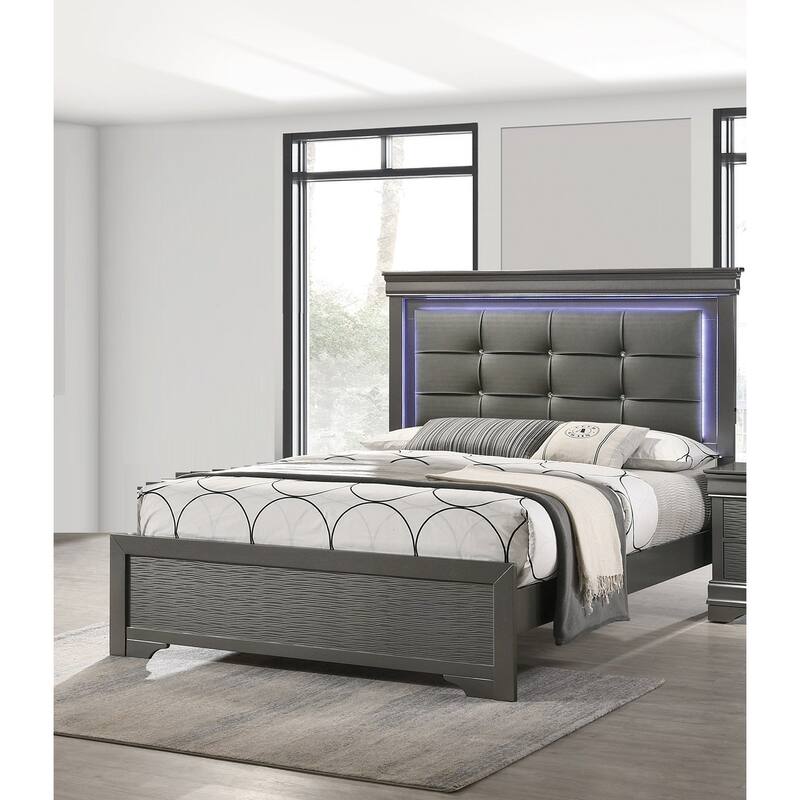 Modern Style 1pc Bed Set Square Button Tufted LED Light Bracket Legs Gray Finish Bedroom Furniutre