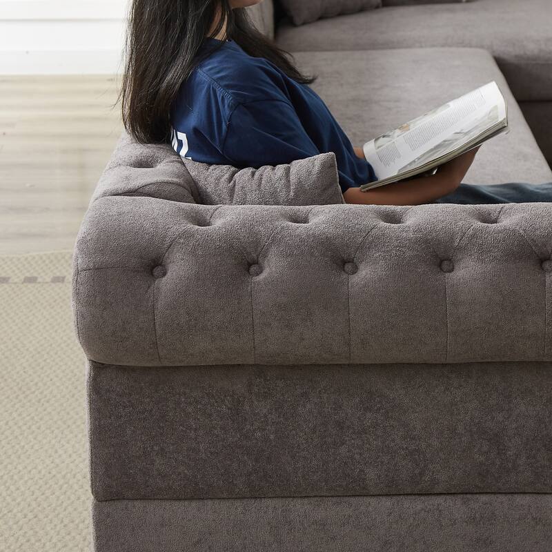 Chenille U-Shaped 5-Seater Sofa with Pull Point Design and Wooden Legs
