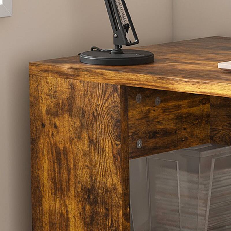 Roomfitters Computer Desk with Charging Station, 3 Drawers and 4 Tier Storage Shelves, Carbonized Wood Home Office Table, Brown