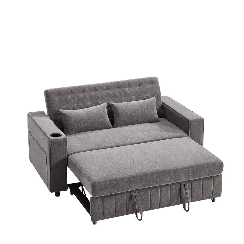 61.41" Chenille Convertible Sofa Bed with Adjustable Backrest, USB & Cup Holders