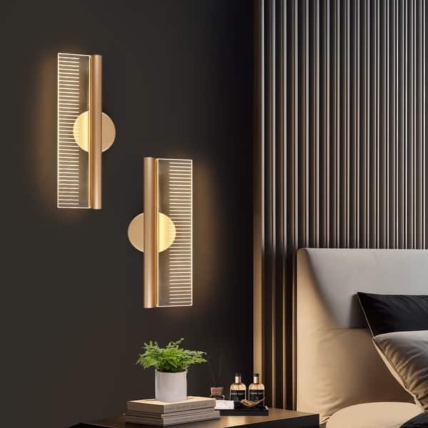 slide 2 of 20, Modern Gold LED Long Strip Wall Sconces Bathroom Vanity Lights 16.3" L