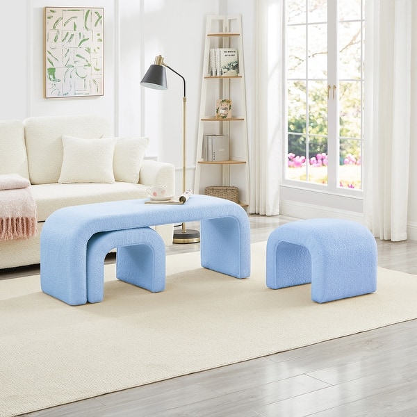 slide 2 of 22, Set of 3 U-Shaped Modern Bench Teddy Ottoman Bench, Small Sofa Footrest Extra Seating, 44+18 Inch Bench Bench & Ottoman Light Blue