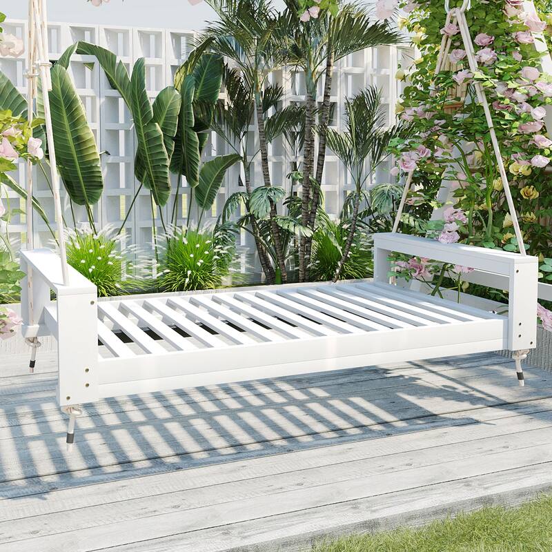 Swing Bed Seating Group, Patio Acacia Wood Swing Frame with Hemp Ropes for Garden, Backyard(Cushions and pillows not included) - White