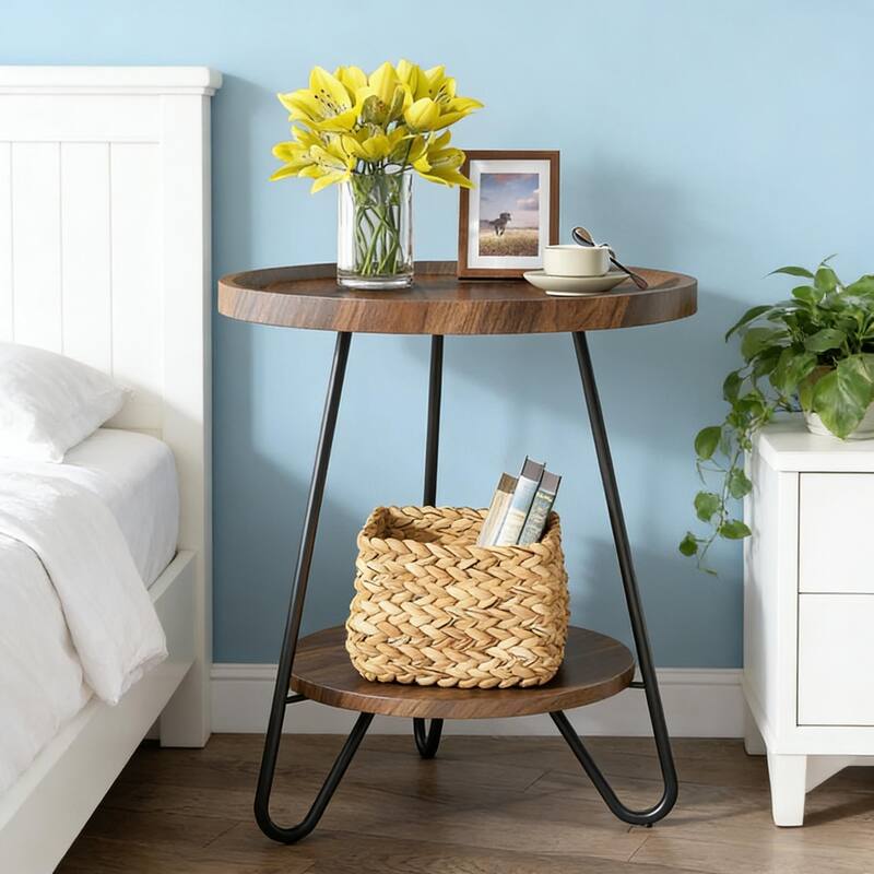 Chic Coffee Table, Round Sofa Table, 2-Tier Accent Table - Black+Brown