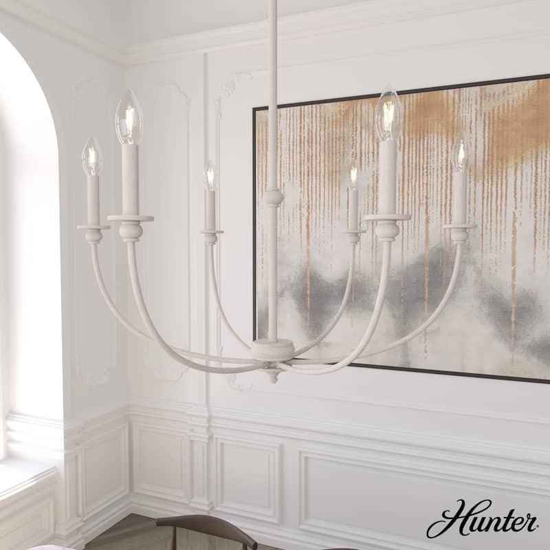 Hunter Southcrest Chandelier - Entry, Dining Table, Kitchen Island - Farmhouse, Transitional, Candle - 30" -6 Light - Distressed  White
