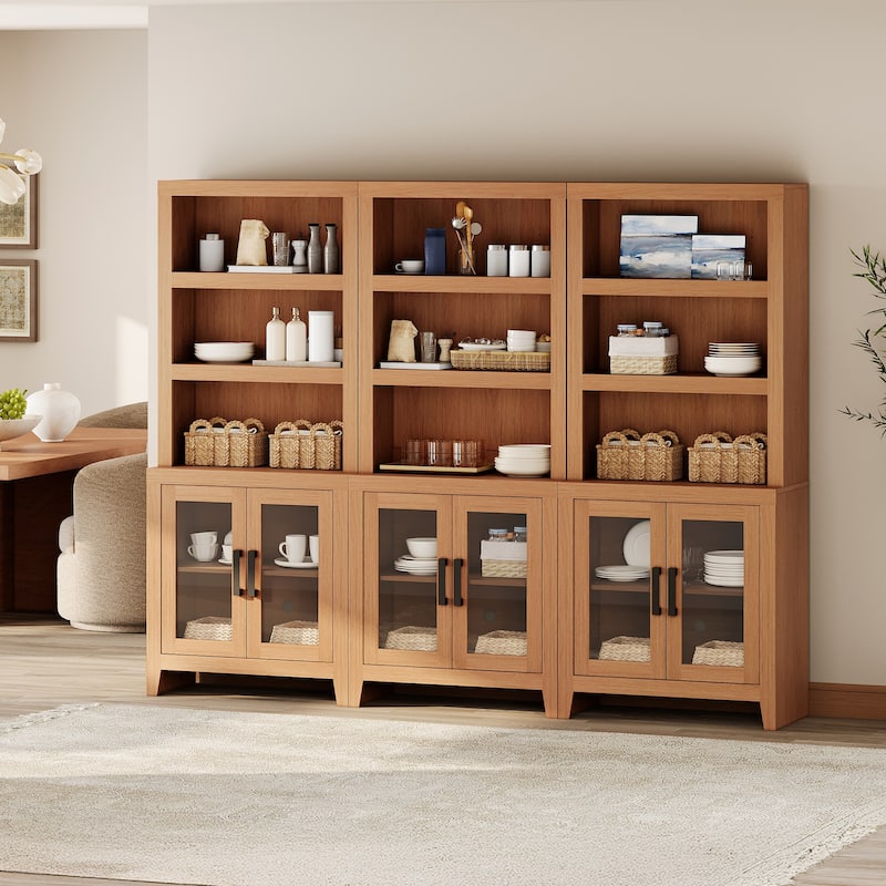 WAMPAT 3 Tier Bookshelf with Glass Door, 74" Tall Bookcase with Adjustable Shelf and Storage Cabinet, Farmhouse Wooden Bookshelf