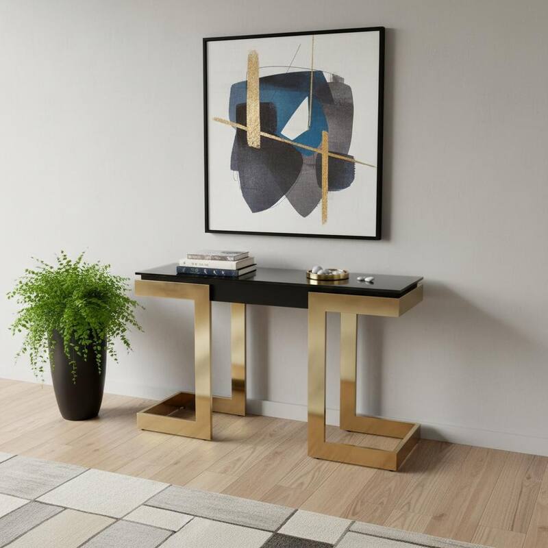 HomeRoots 52" Black and Gold Glass Pedestal Console Table - 52.00 in. x 43.00 in. x 18.00 in. - Black