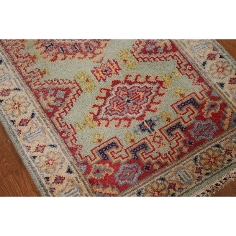 Green Geometric Viss Indian Runner Rug Hand-Knotted Wool Carpet - 2'6"x 7'11"