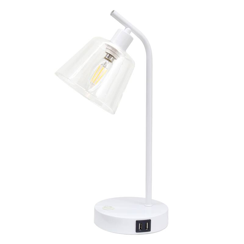 Modern Industrial Desk Lamp with Clear Glass Shade and Dual USB Charging Ports Multiple Colors - 8" (L) x 5.5" (W) x 15.75" (H) - White
