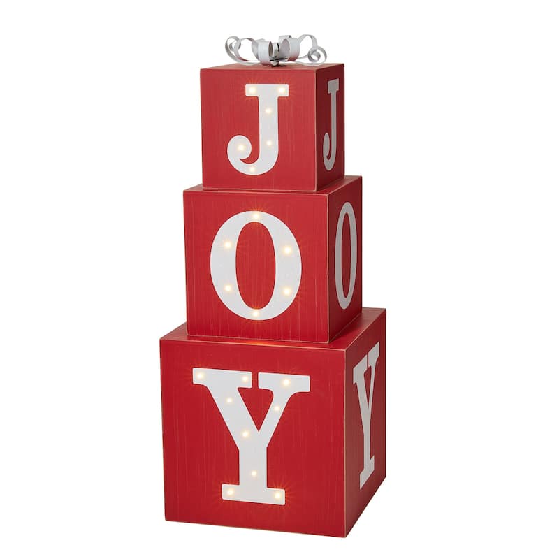 Glitzhome 32"H LED Lighted Wooden Nesting Block JOY Porch Sign - Red JOY with LED lights