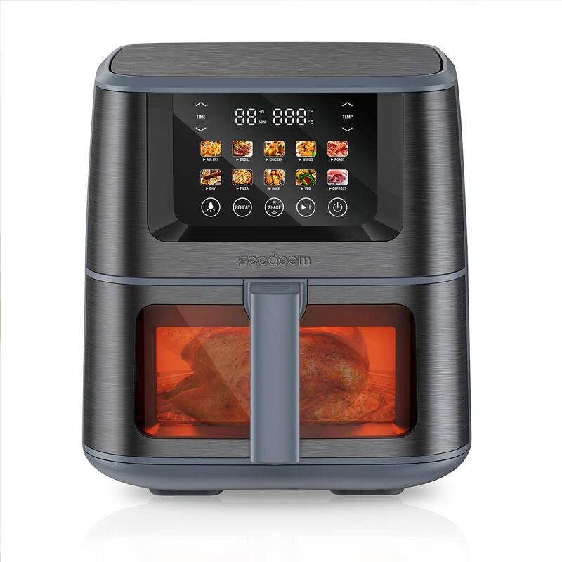 Air Fryer with Color LCD Display Touchscreen with ClearCook Cooking Window,Broil,Roast,Dehydrate,Bake - Stainless Steel