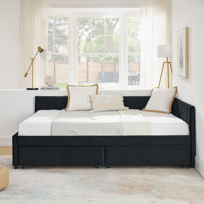 Full Size Velvet Upholstered Daybed with Storage Drawers, Tufted Sofa Bed Frame with Armrests and Backrest