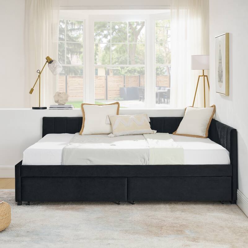 Roomfitters Full Velvet Daybed with Two Storage Drawers, Upholstered Sofa Bed Frame with Backrest and Armrests