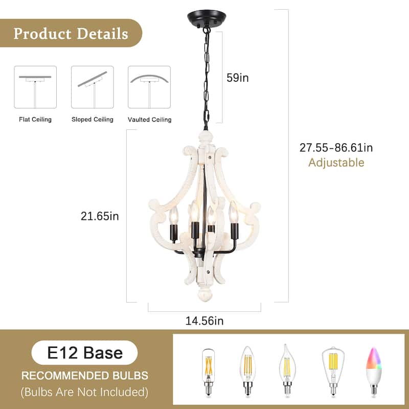 4-Light 14.56-inch Wooden Lantern Rustic Chandeliers for Entryway Hallway