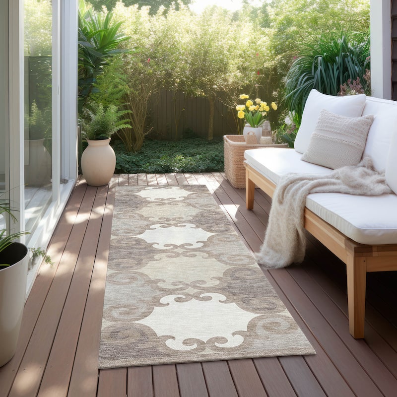 Machine Washable Indoor/ Outdoor Chantille Scroll Rug - Taupe - 2'3" x 7'6"