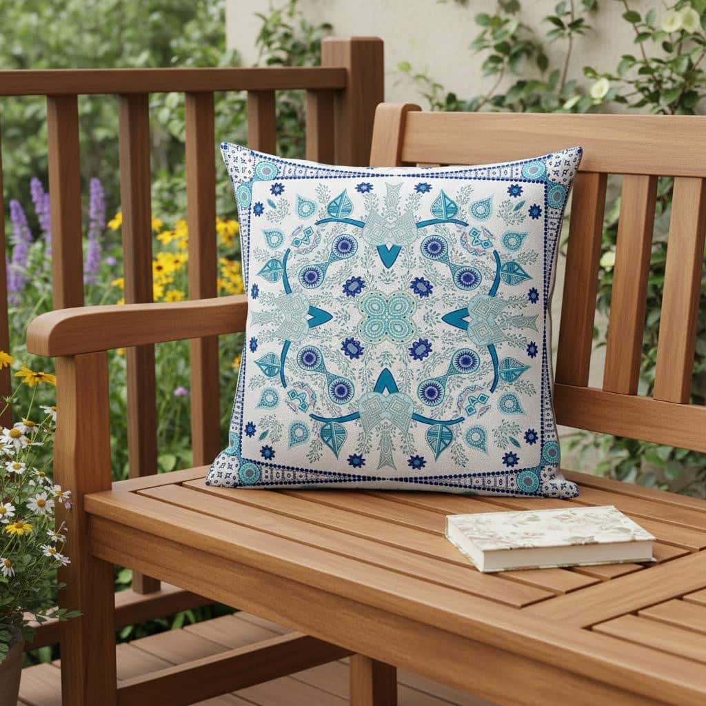 HomeRoots 16" x 16" Blue and White Blown Seam Paisley Indoor Outdoor Throw Pillow - 16.00' X '5.00' X '16.00