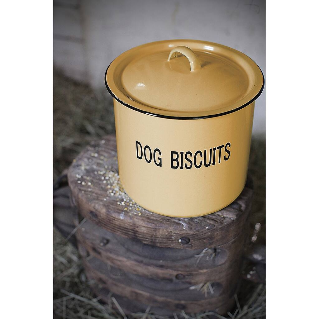 Yellow Metal Dog Biscuit Container with Lid & "DOG BISCUITS" Lettering
