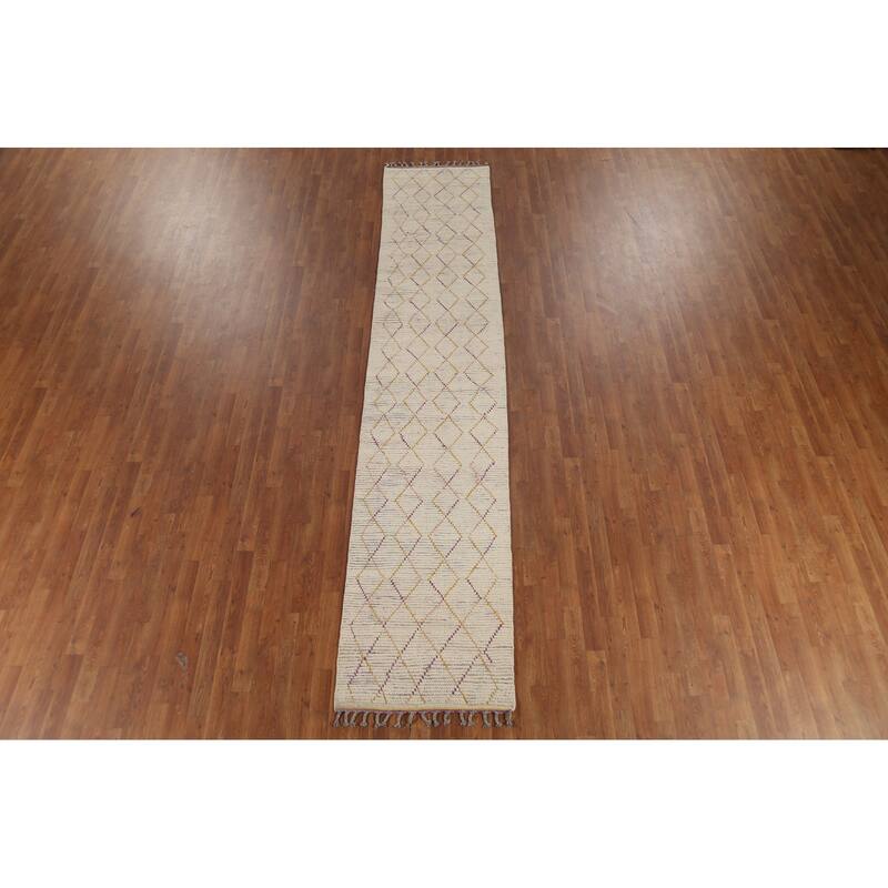 Trellis Moroccan Runner Rug Hand-Knotted Wool Carpet - 2'6"x 12'6"