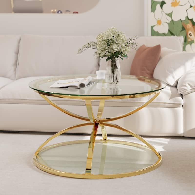 Modern 2 Tiers Glass Coffee Table with Ring-Shaped Metal Frames - Clear+Gold(31.5" Round)