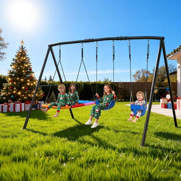 slide 2 of 9, Hapfan 440lbs Kids Swing Sets for Backyard with 3 Swings, Outdoor Metal Swingset