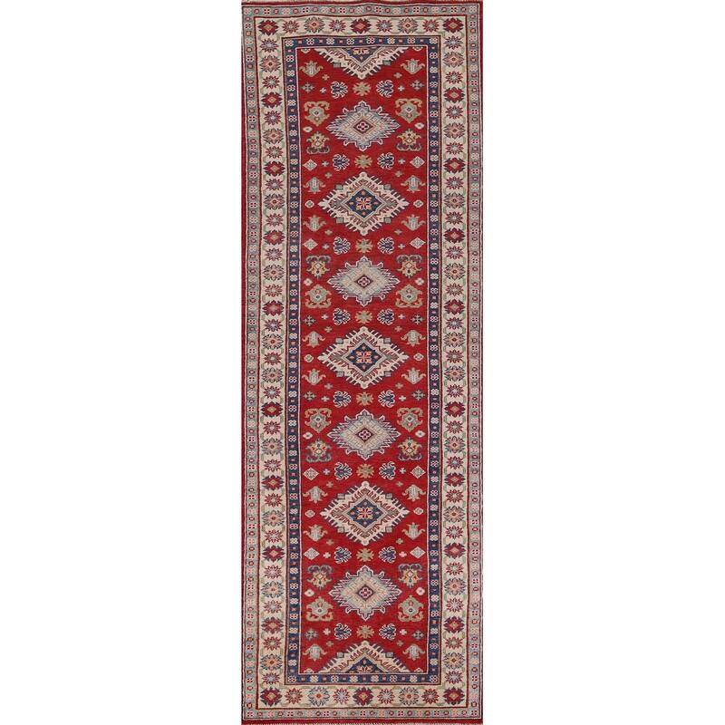 Red Geometric Kazak Runner Rug Hand-Knotted Wool Carpet - 2'7" x 9'8"