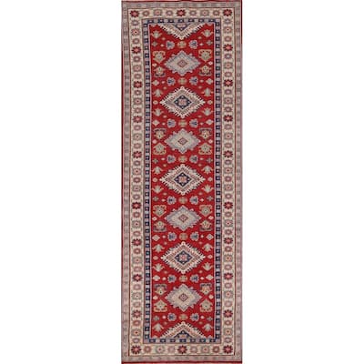 Red Geometric Kazak Runner Rug Hand-Knotted Wool Carpet - 2'7" x 9'8"
