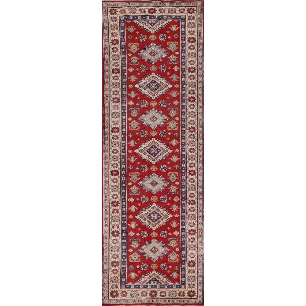 Red Geometric Kazak Runner Rug Hand-Knotted Wool Carpet - 2'7" x 9'8"