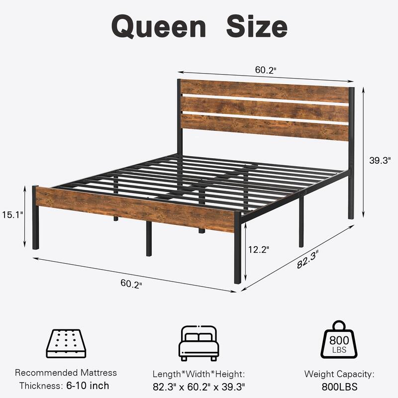 VECELO Industrial Wood Bed Frame with Headboard Twin Size Beds/Full Size Beds/Queen Size Beds