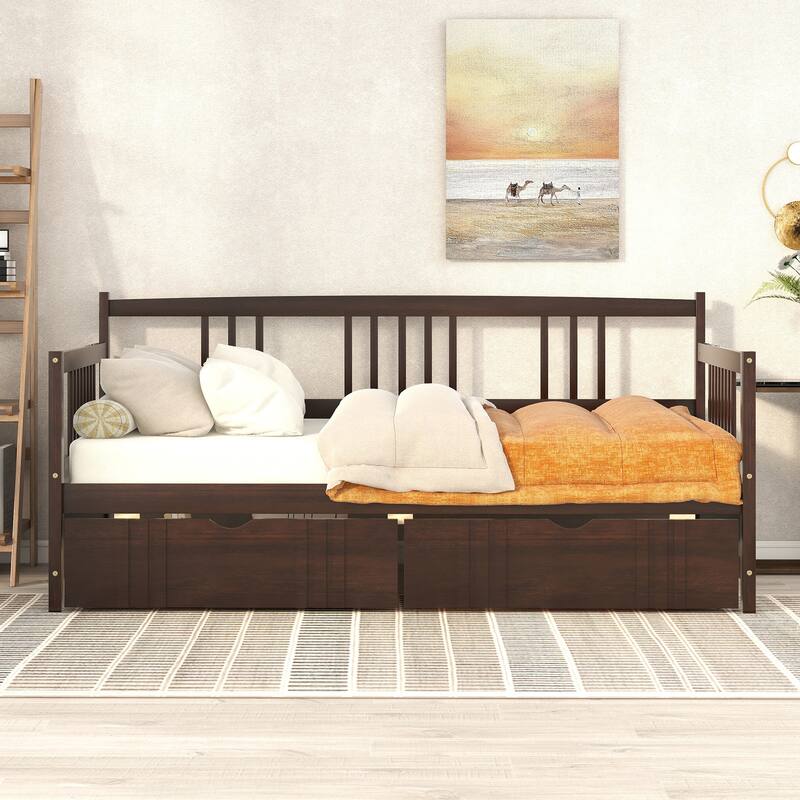 Twin Size Daybed, Wood Daybed with Drawers, Daybed with Storage Drawers Twin, Teens Adults Dual Use Sofa Bed for Bedroom