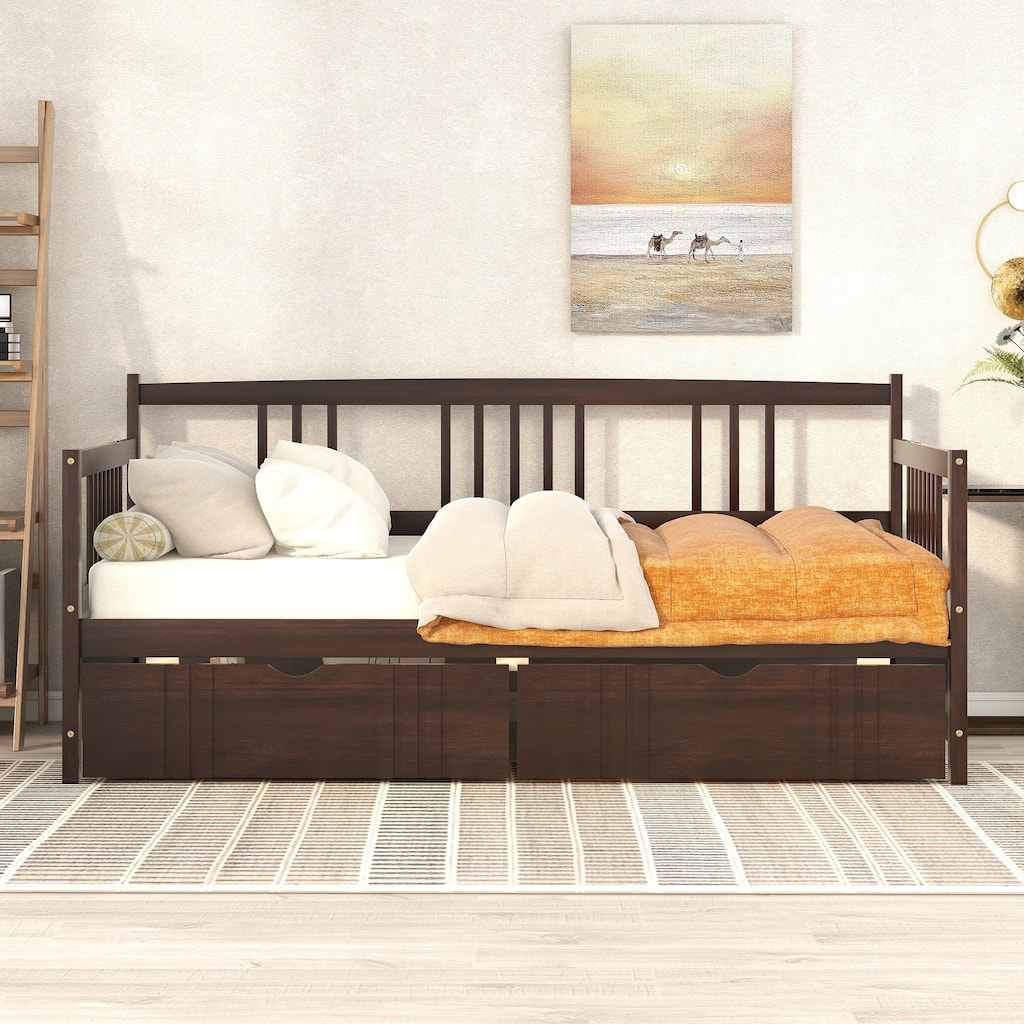 Twin Size Daybed, Wood Daybed with Drawers, Daybed with Storage Drawers Twin, Teens Adults Dual Use Sofa Bed for Bedroom