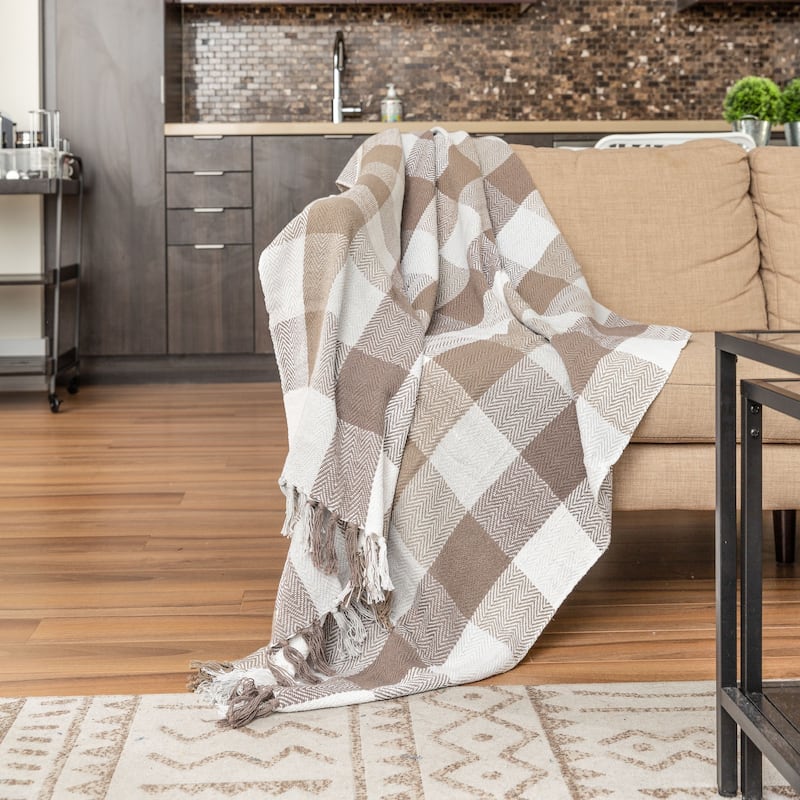 Fabstyles Herringbone Checkered Cotton Throw Blanket with Fringes
