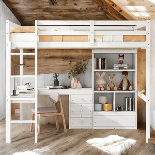Wood High Full Size Loft Bed with Desk,Storage Shelves and Drawers,Kids Bed Design