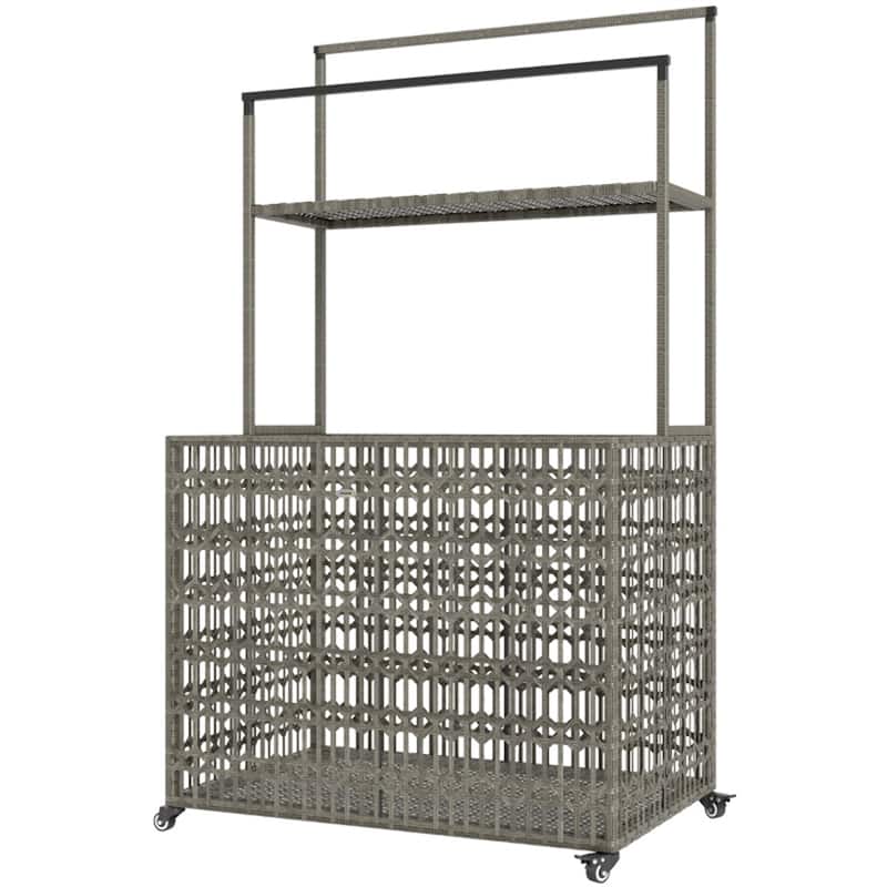 Wicker Pool Storage Basket with Wheels Shelf and Steel Frame for Outdoor Pool Supplies Organization - Brown