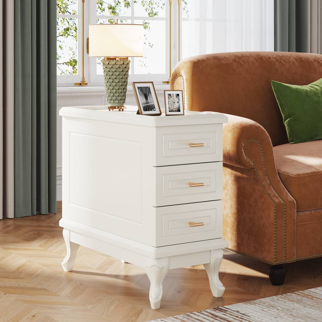White End Table with 3 Drawers, Wood Narrow Side Table with Storage, Modern Slim Nightstand Bedside Table