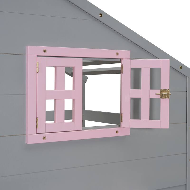 Twin Over Twin Bunk Bed with Storage, Shelf, and Window - Gray