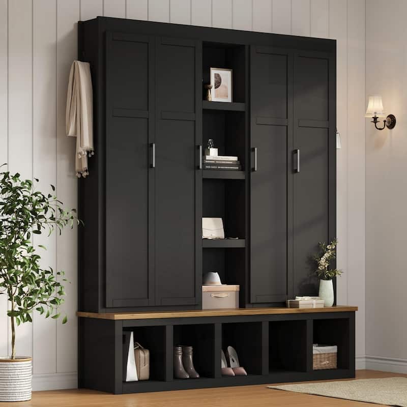 Farmhouse 4-in-1 Hall Tree with 6 Hanging Hooks, Mudroom Wood Grain Bench with Open Compartments