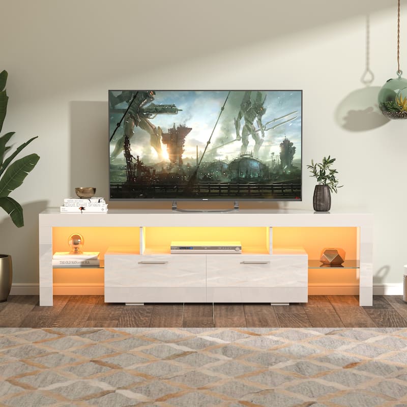 GDF Studio - Modern White Particle Board TV Stand with LED Lights and Toughened Glass Shelf - White