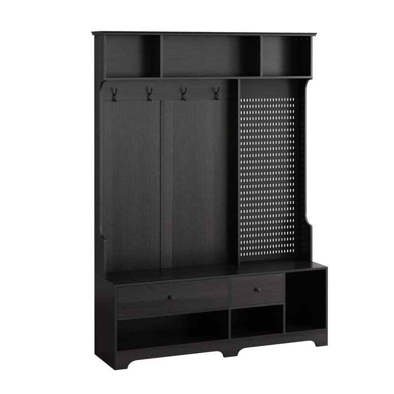 Modern Minimalist Coat Rack, Entry Bench with Linen Cushioned , Storage Shelf, DIY Pegboard, for Entrance and Hallway, Black