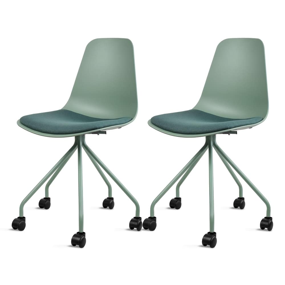 Set of 2 Ergonomic Office Armless Task Chairs with Wheels Plastic Fabric Padded Seat Curved Round Metal Wire Legs for Computer