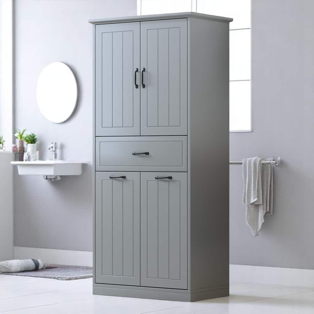 Freestanding Bathroom Cabinet with Laundry Hampers and Drawer, Tall Storage Unit with Adjustable Shelves and Doors