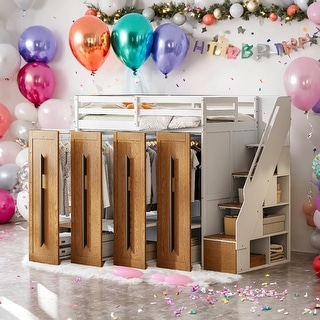 Contemporary Design Twin Loft Bed with Two-Tone Storage Stairs and Large Pull-Out Wardrobes, Smooth Sliding Mechanism, White