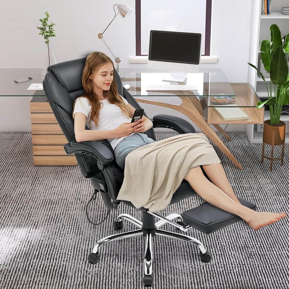 Ergonomic Heated Executive Office Chair with 2/4/6-Point Massage, Retractable Footrest, and PU Leather